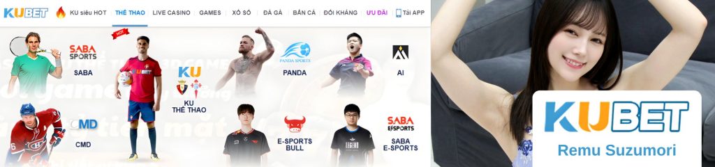 Kubet với hình người mẫu mỉm cười và các danh mục thể thao e-sports và nhà cung cấp cá cược nổi bật